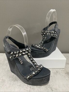 Pedro Garcia Swarovski Crystals Black Suede Platform Wedge Sandals Size 37 US 7
